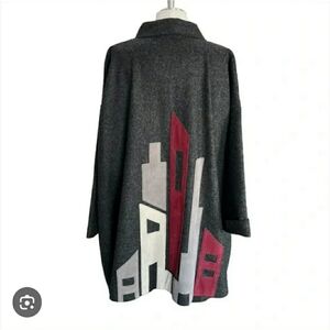 Vtg Osgood Smük Black Grey Wool Swing Cloak Tribal Geometric Coat Lagenlook Cape